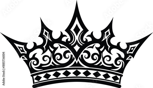 Intricate Black Royal Crown Silhouette Featuring Elaborate Gothic Swirls and Sharp Spikes with Diamond Pattern Base for Majestic Queen King or Imperial Logo Design Illustrations