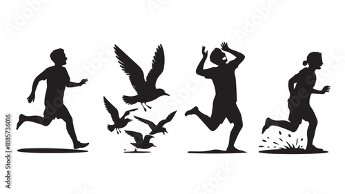 Running Man Silhouettes with Birds Flying Isolated on White Background