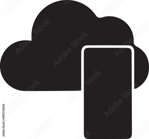 Cloud storage and synchronization with mobile device black silhouette icon illustration