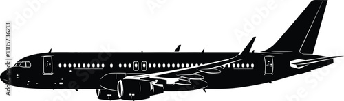 Detailed Side View Silhouette of a Large Commercial Passenger Airplane Isolated on White Background for Aviation Travel Transport Tourism and Aerospace Industry Graphic Design Projects