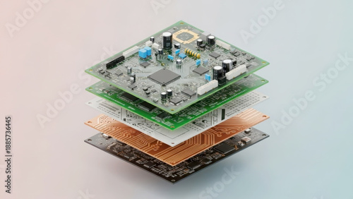 Stack of multiple layered electronic circuit boards with various components and connectors precisely aligned together.