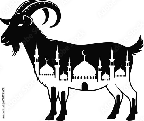 Creative Eid Al Adha Greeting Illustration Featuring a Black Goat Silhouette with a White Mosque Double Exposure Design Isolated on a Plain White Background