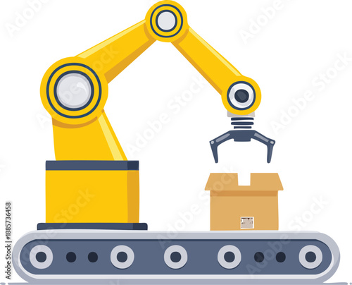 A yellow robotic arm with a gripper is shown above a conveyor belt, handling a brown cardboard box in an automated factory setting.