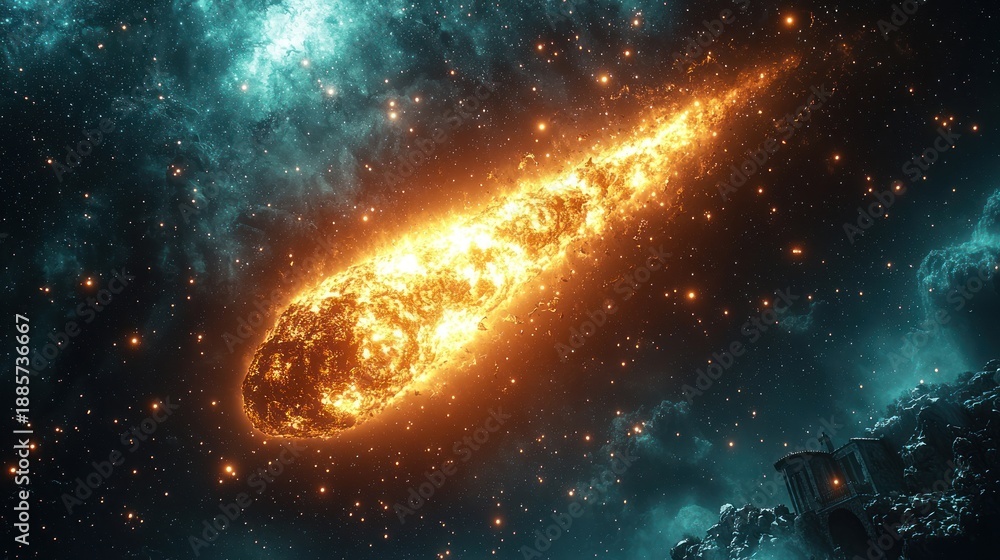 Fototapeta premium Bright Fiery Meteor Shooting Through Space with Stars and Nebula in Cosmic Scene