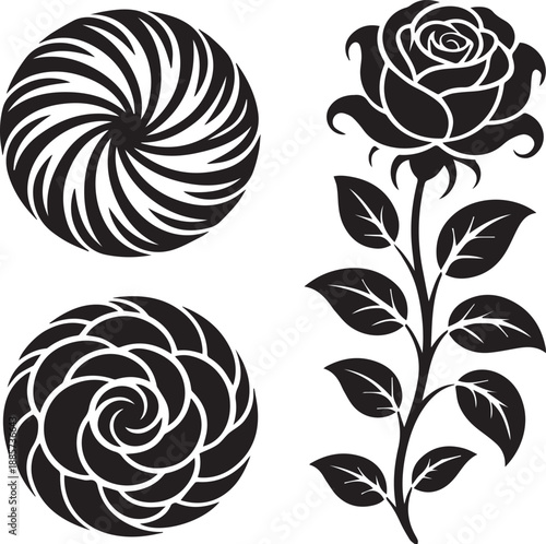 Black and white stylized rose with leaves and stems petals