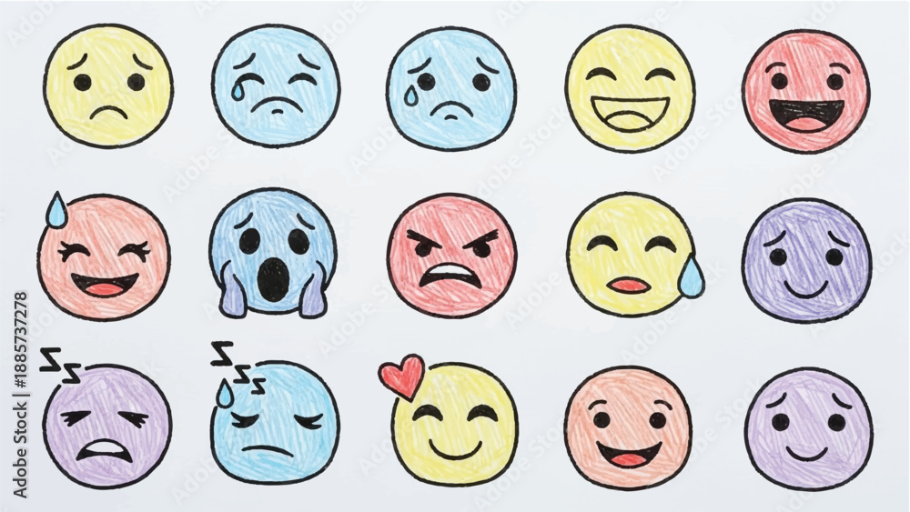Fototapeta premium Versatile collection of expressive emoji faces conveying a diverse range of human Emotion faces icons set