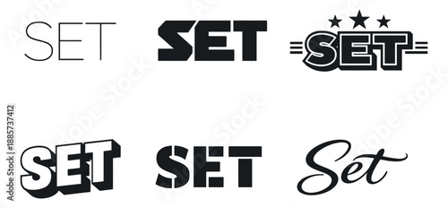 Diverse typographic set featuring the word SET in various styles for creative design
