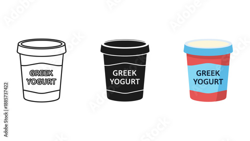 Three greek yogurt cups in different colors and designs on white background
