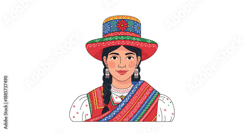 Beautiful woman adorned in vibrant traditional Andean attire, featuring an elaborately embroidered hat and colorful shawl, showcasing rich cultural heritage and indigenous fashion.
