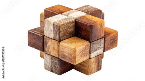 Wooden interlocking puzzle cube isolated on white background showcasing brain teaser toy logic game concept creativity problem solving design education intelligence focus