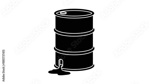 Black Oil Barrel with Spill, Industrial Pollution and Energy Crisis Concept, isolated white background