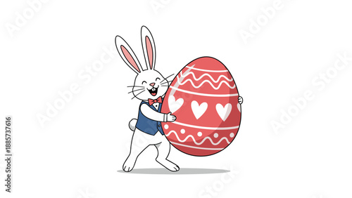 Cheerful white Easter bunny character wearing a blue vest and red bowtie holding a large decorated red egg with heart patterns.