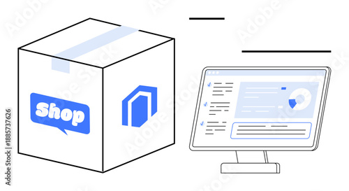 Ecommerce, online shopping, business analytics, product delivery, retail services, logistics solutions. Box with shop label and a computer monitor with analytics. Ecommerce and online shopping