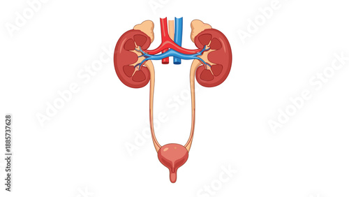 Anatomical medical diagram of the human urinary system featuring kidneys, ureters, and bladder with main blood vessel connections.