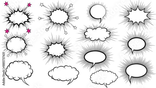 Dynamic set of comic book explosion speech bubbles and talk bursts with radial rays and stars for high energy action storytelling.