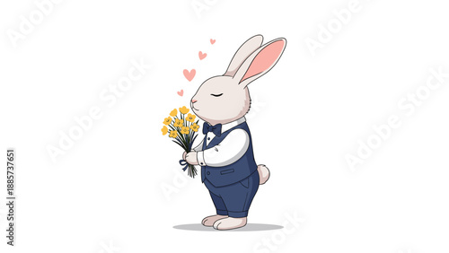 Sweet white Easter bunny wearing a formal blue suit and bowtie holding a bouquet of yellow flowers under floating pink hearts.
