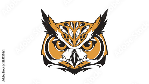 Detailed Owl Head Portrait with Intense Gaze, Vector Illustration, Isolated White Background