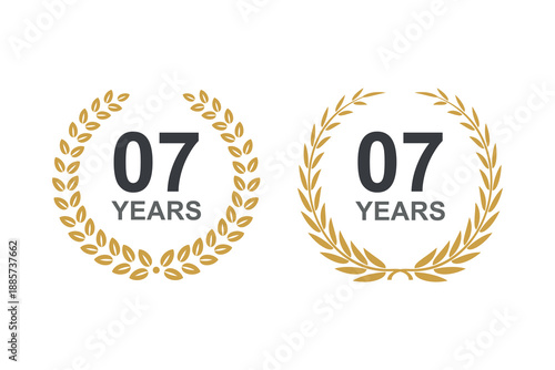 7th anniversary laurel wreath. 7 years anniversary floral laurel wreath. 7th Anniversary icon or logo with laurel wreath. 7 years celebration label