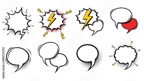 Dynamic comic book speech bubbles featuring lightning bolts and halftone patterns in bright colors for action-packed storytelling.
