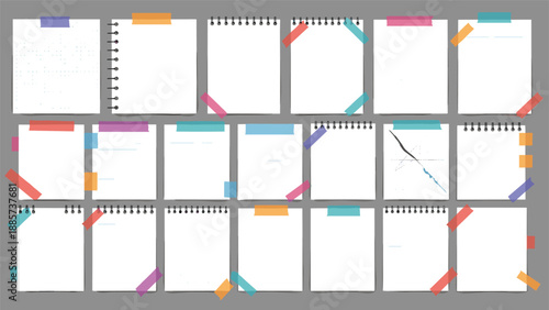 Large collection of blank white paper sheets and notepad pages secured with various colorful adhesive tapes on a grey background.