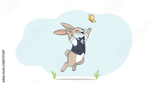 Joyful brown Easter bunny wearing a formal blue vest and bowtie jumping happily in the air to catch a colorful yellow butterfly.