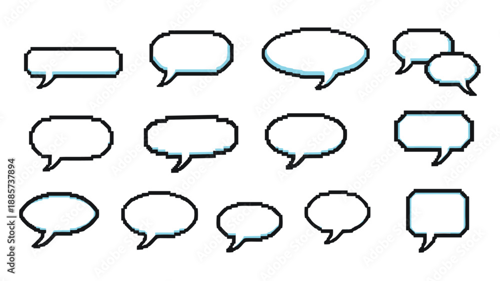 Fototapeta premium Pixel art speech bubbles with various rectangular and circular shapes are designed with a retro 8-bit aesthetic for digital icons.