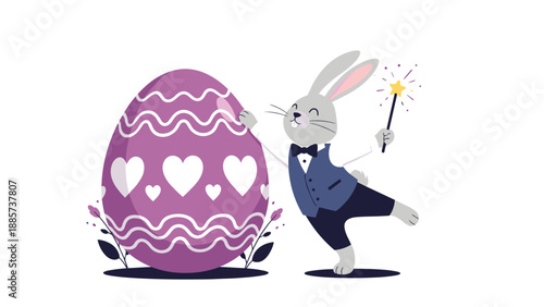 Elegant rabbit dressed in a suit and bow tie performs magic with a wand next to a giant purple Easter egg decorated with white hearts.