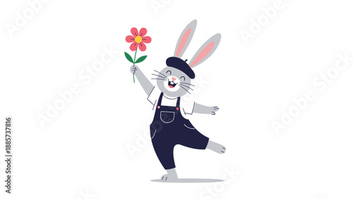 Artistic gray rabbit wearing a black beret and overalls happily holds up a single pink flower while dancing on a simple white background.