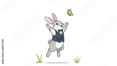 Happy rabbit dressed in a dapper vest and bow tie jumps with joy while chasing a colorful butterfly in a green field on a sunny day.