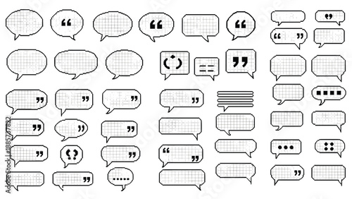 Large assortment of pixel art speech bubbles with quotation marks in various styles for digital retro gaming or retro web design.
