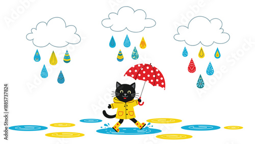 Cute black cat wearing a yellow raincoat and boots walks through puddles under rain clouds while holding a red polka dot umbrella.