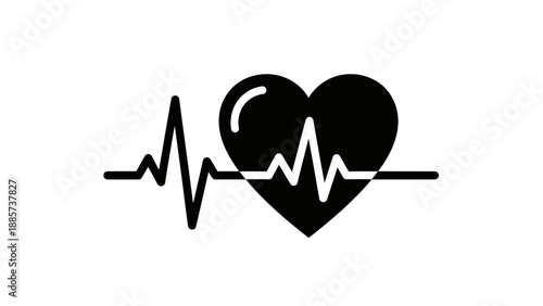 Black Filled Heart with Electrocardiogram Heartbeat Line Icon, Isolated White Background