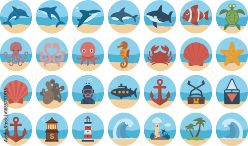 Colorful circular of sea creatures and beach on sandy background circular sea creatures blue water