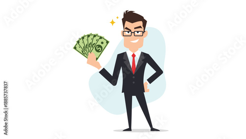 Confident businessman in a formal suit and glasses holds a large fan of green dollar bills while smiling against a soft blue background.