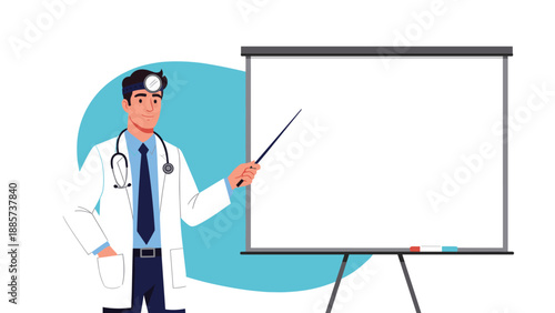 Professional male doctor in a white lab coat stands next to a blank presentation board while using a pointer to explain information.