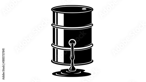 Industrial Oil Barrel with Dispensing Tap, Black and White Vector Illustration, Isolated White Background