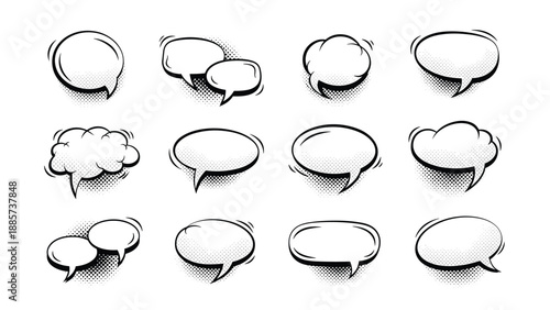 Selection of comic book style speech bubbles with halftone shading and dynamic outlines perfect for manga or graphic design projects.