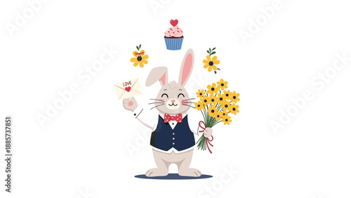 Charming rabbit in a blue vest holds a bouquet of yellow flowers and a love letter while a sweet cupcake floats above its head on white.