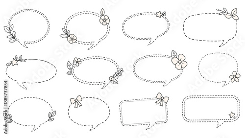 Collection of delicate speech bubbles with dashed outlines and floral decorations like flowers and bows for feminine design work.