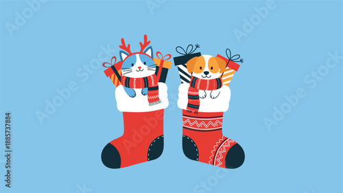 Festive scene features a cat and a dog wearing scarves and antlers inside two large red Christmas stockings filled with gift boxes.
