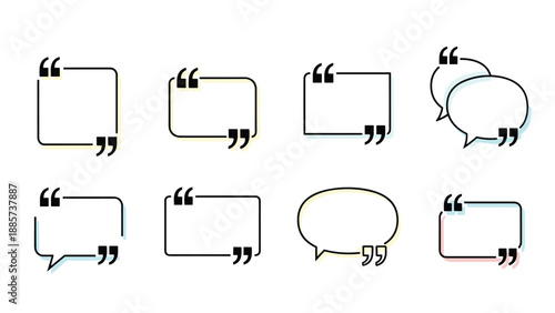 Set of modern quote bubbles with colorful thin double outlines and black quotation marks is perfect for highlighting testimonials.