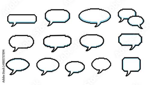 Pixel art speech bubbles with various rectangular and circular shapes are designed with a retro 8-bit aesthetic for digital icons.