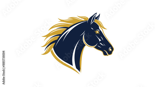 Majestic Dark Blue Horse Head with Golden Flowing Mane on Isolated White Background, Elegant Equine Animal Power Symbol