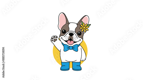 Smiling French bulldog wearing blue boots and a matching bow tie with a yellow flower tucked behind its ear.