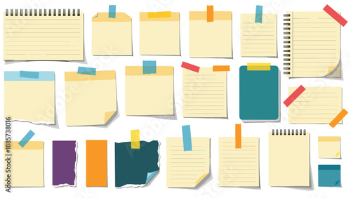 Vast collection of colorful sticky notes, notebook pages, and paper scraps with tape pieces on a white background.