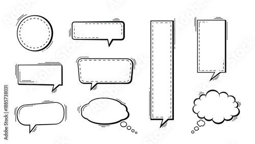 Minimalist selection of black and white speech and thought bubbles in various rectangular and circular shapes.