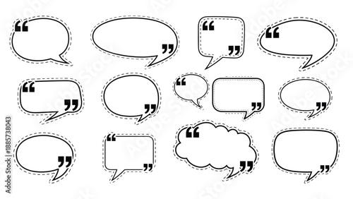 Variety of different speech bubbles with dashed outlines and quotation marks perfect for dialogue or testimonial text.