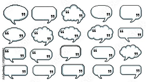 Large grid of pixel art style speech bubbles with quotation marks in many rectangular and cloud-shaped designs.