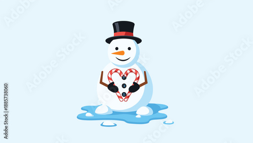 Friendly snowman wearing a black top hat and holding two candy canes that form a heart shape on a light blue ground.