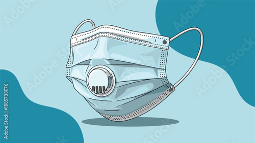 Medical face mask with a breathing valve illustrated against a background of abstract blue and teal shapes.